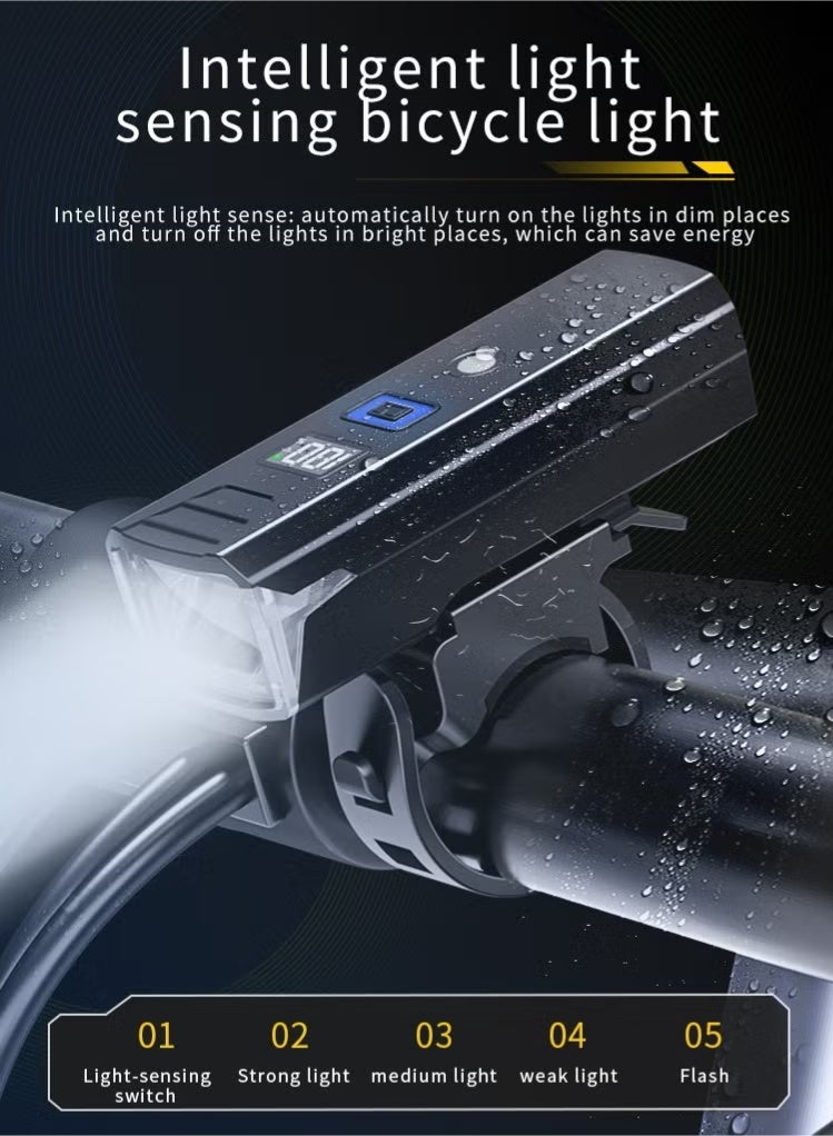 جيكومو كشاف سيكل - مصباح دراجة، وضع ليلي استشعاريتلقائي، شاشة رقمية لنسبة البطارية، مقاوم للماء IPX5،شحن سريع USB-C، 4 أوضاع إضاءة LED فائقة السطوعلأمان ركوب الطرق والجبال والليل - Image 1